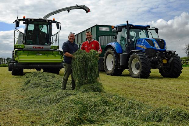 Johnny Watson of Watson Seeds, East Linton and James Lawrie of Cuthill Towers inspecting the first cut of the 2022 silage season, with D Scobbie & Son silage contractor