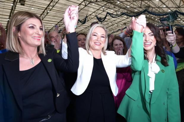 Sinn Fein vice-president Michelle O’Neill (centre) celebrates the party’s win