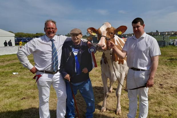 Ayr Show's red and white champion and reserve overall dairy animal, pictured from left with breeder Robbie Scott and joint owners Salvador Esquierdo and Andrew Struthers