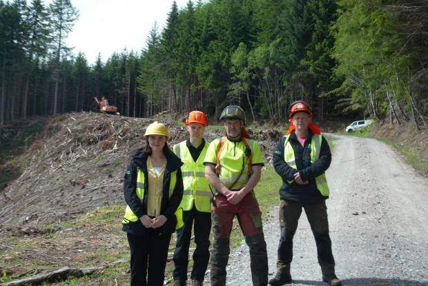 Forestry Journal: L-R: Mairi McAllan, Ian Allsopp (FLS Assistant Delivery Manager), Calum Duffy (Duffy Skylining) and Alex MacLeod (FLS North Region Manager)