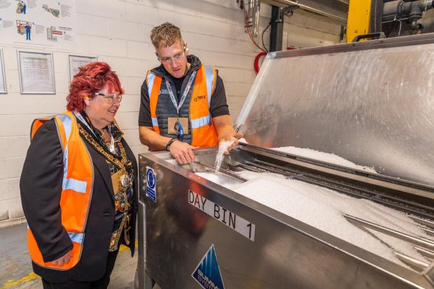 Forestry Journal: Site director Dean Latten shows Mayor Wendy Treeby some of the recycled material that goes into the Tubex recipe.