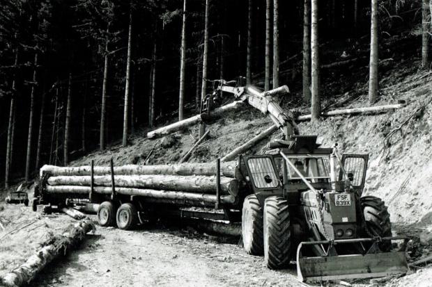 A Highland Bear forwarder loading 10-m logs 40 years ago