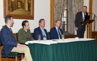 Tom Barnes, MD Vastern Timber; Anna Brown, director of forest services, Forestry Commission; Stuart Goodall, CEO of Confor; Ben Lake MP; hosted by David Lee for Confor.